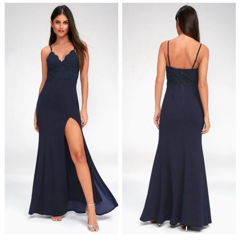 Leandra Navy Blue Lace Evening Gown